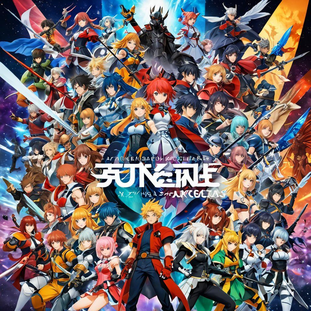 A dynamic collage showcasing various anime characters in their distinctive styles, interspersed with iconic elements of different genres such as fantasy, sci-fi, and slice-of-life. The background features a vibrant convention scene, filled with attendees in cosplay, merchandise stalls, and banners celebrating anime culture. Bright colors and playful typography should enhance the energetic atmosphere. super-realistic. vibrant colors. 3D.