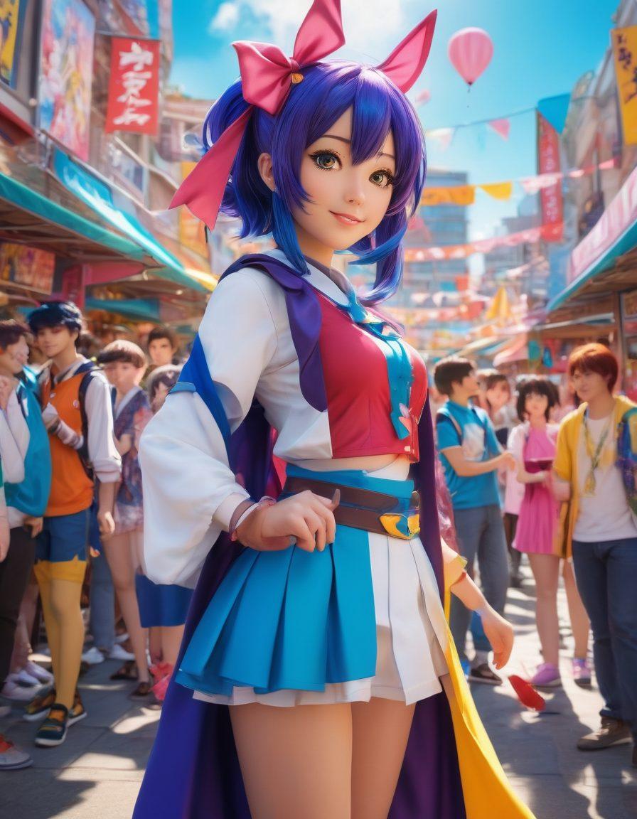 A vibrant scene depicting a diverse group of anime fans engaging in a lively outdoor convention, surrounded by colorful booths showcasing various anime merchandise. Capture the joyful expressions on their faces as they share their passion for anime, with some dressed in elaborate cosplay. In the background, banners featuring popular anime characters flutter in the breeze, conveying a sense of community and connection. The setting is infused with vivid colors and dynamic energy, symbolizing the spirit of fandom. super-realistic. vibrant colors. 3D.